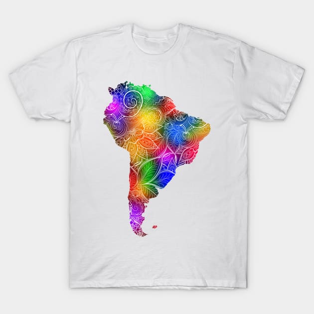 Colorful mandala art map of South America with text in multicolor pattern T-Shirt by Happy Citizen